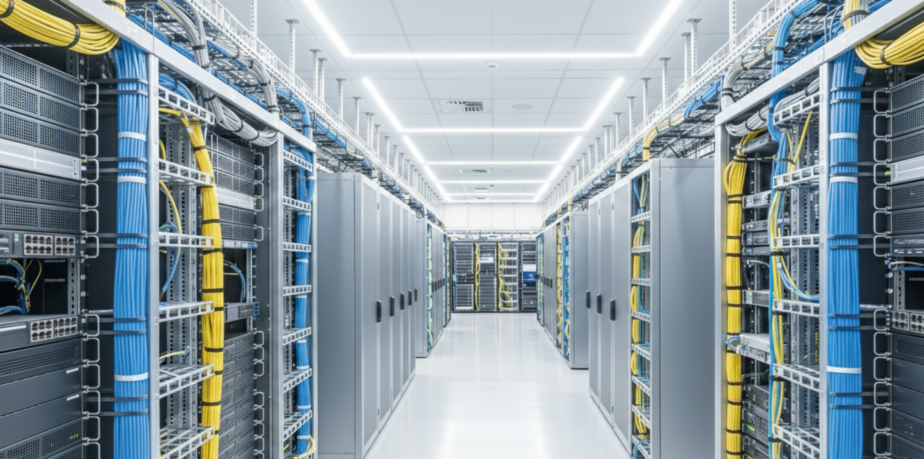 Infraestructura de cableado estructurado UTP y fibra óptica en rack de servidores, representando un sistema de red profesional.