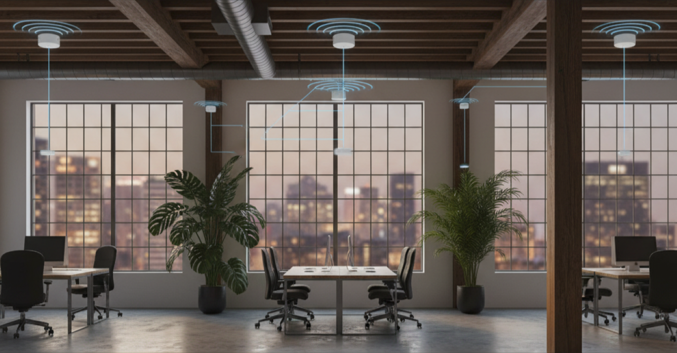 Instalación profesional de redes WiFi de alta capacidad para empresas y oficinas, garantizando cobertura empresarial y estabilidad.